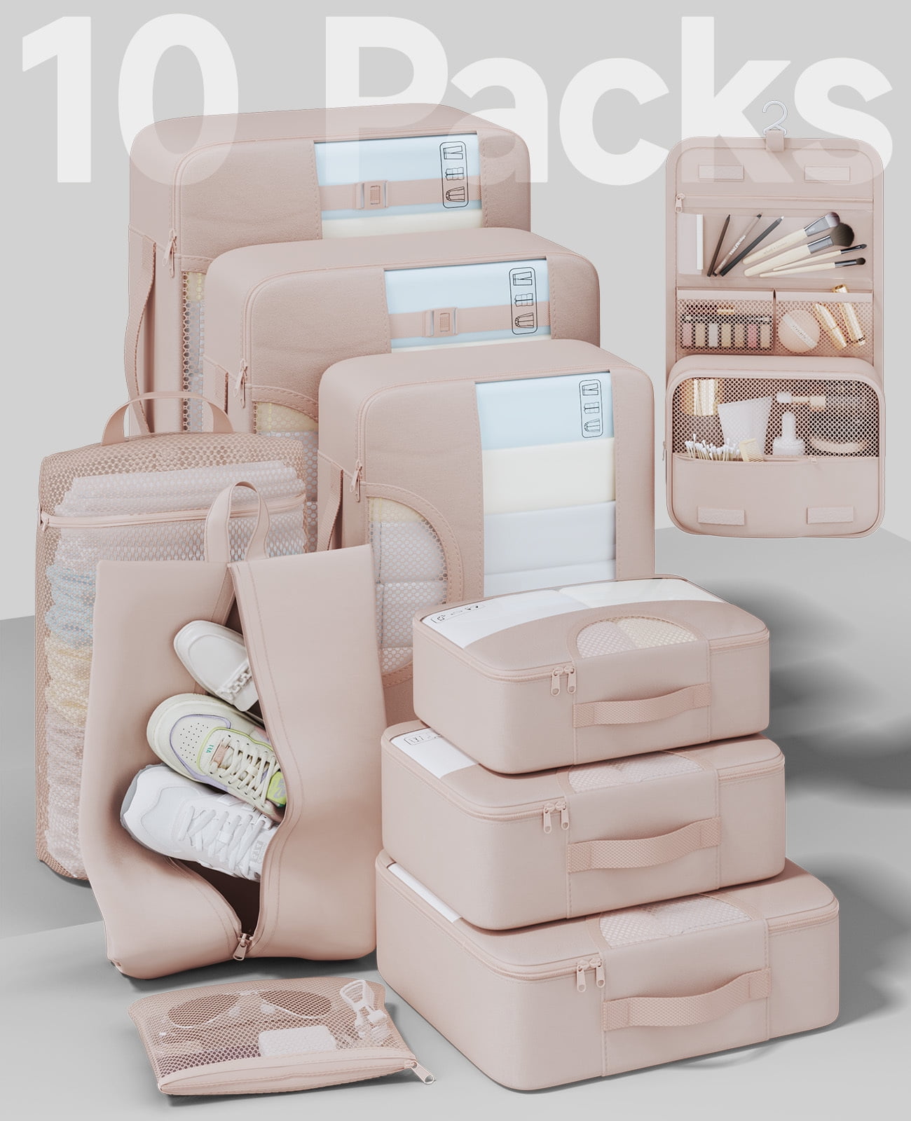 Veken 10 Set Packing Cubes for Travel, Beach Vacation Essentials Accessories for, Suitcase Organizer Bags for Luggage with Hanging Toiletry & Shoe Bag, Birthday Gifts for Women Mom Her