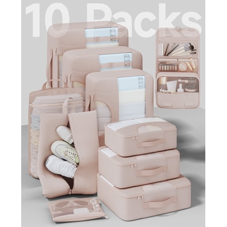 Veken 10 Set Packing Cubes for Travel, Beach Vacation Essentials Accessories for, Suitcase Organizer Bags for Luggage with Hanging Toiletry & Shoe Bag, Birthday Gifts for Women Mom Her