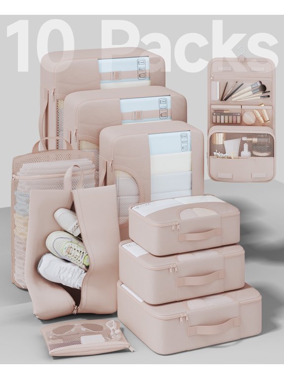 10 Set Packing Cubes for Travel, Beach Vacation Essentials Accessories for, Suitcase Organizer Bags for Luggage with Hanging Toiletry & Shoe Bag, Birthday Gifts for Women Mom Her