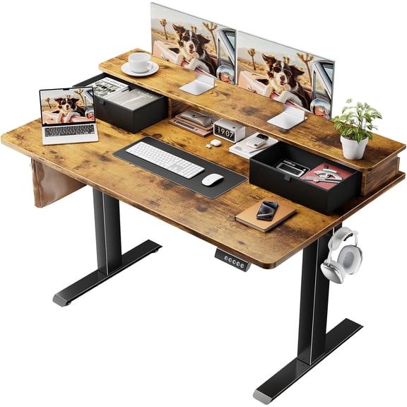 Veken 47x28 in Electric Standing Desk with Drawers,Adjustable Table, Brown | Stand up Computer Desk for Home Office,Work & Study, with Storage, 3 Memory Presets,Cable Organizer, Hook, and Quiet Lift.