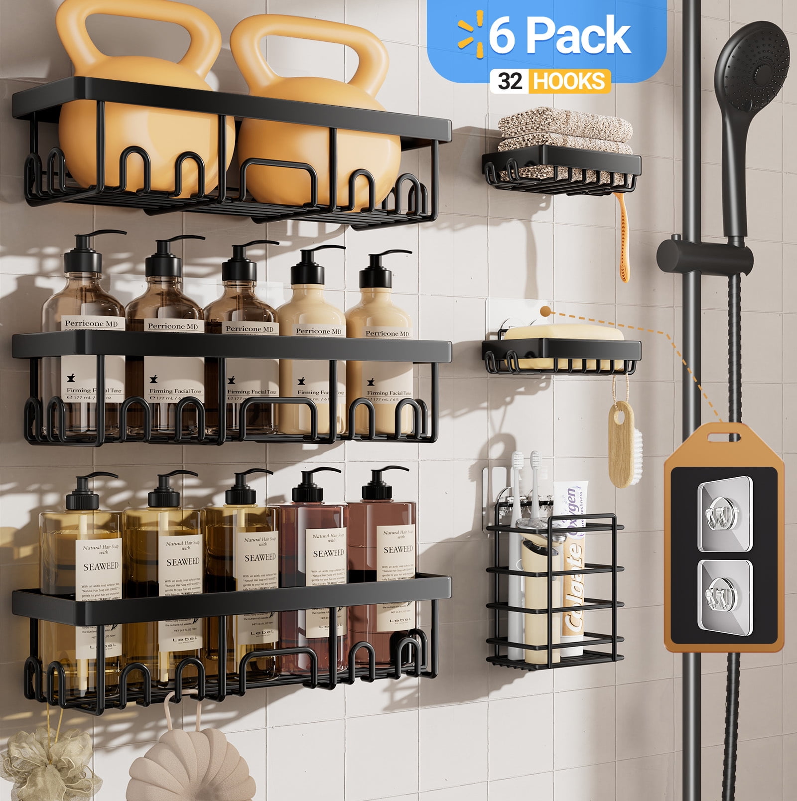 Veken 6 Pack Shower Caddy Rust-resistant Steel, No Drilling & Rustproof, Waterproof Adhesive Shelves Rack with Soap Holder, Large Capacity Bathroom Organizers and Storage, Wall-Mounted Kitchen Decor