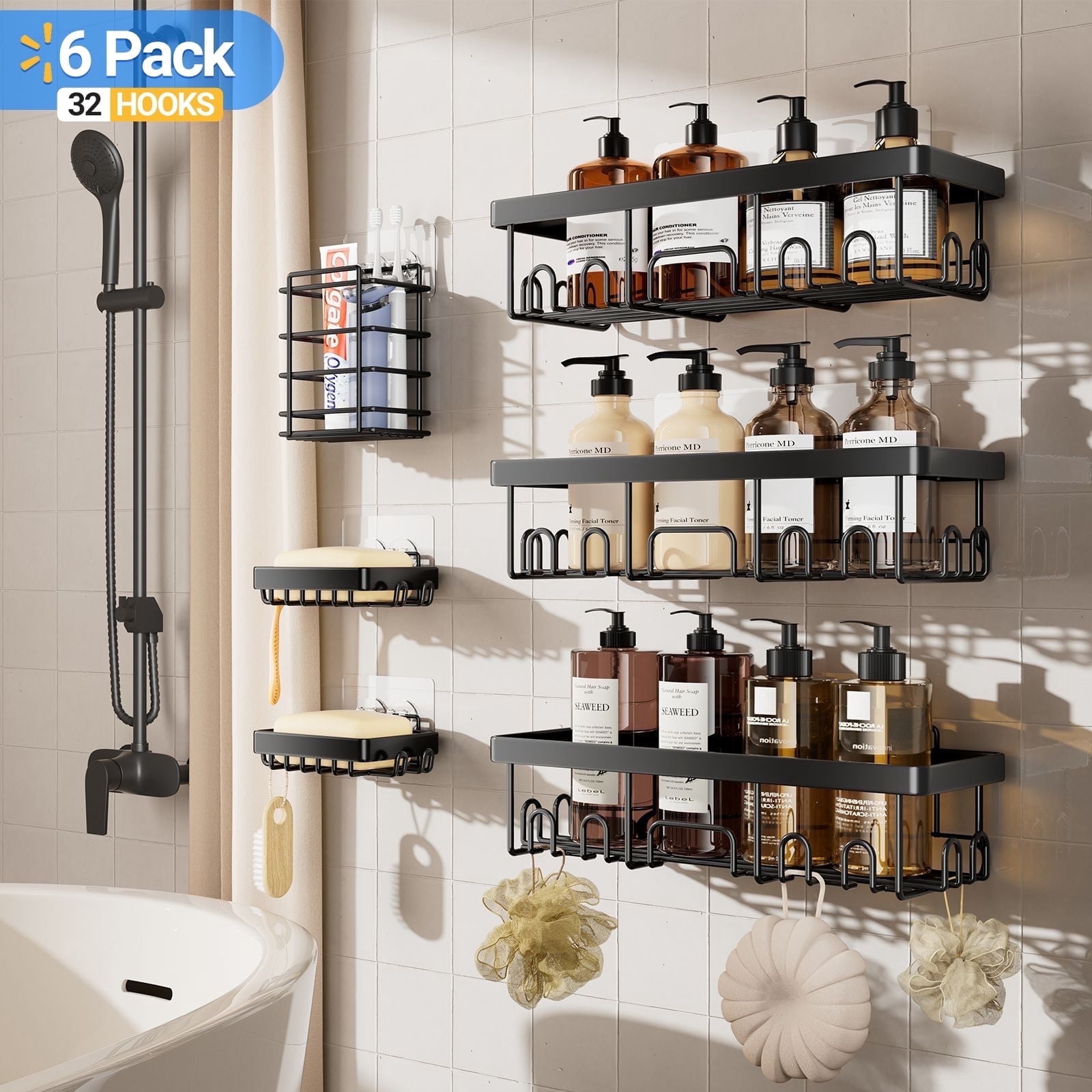 Veken Rustproof & Waterproof Shower Caddy 6-Pack, No Drilling Adhesive Wall Mounted Shower Shelves Rack, Heavy Weight Bearing, Large Organizer Storage Accessories, Ideal for Bathroom, Home & Kitchen