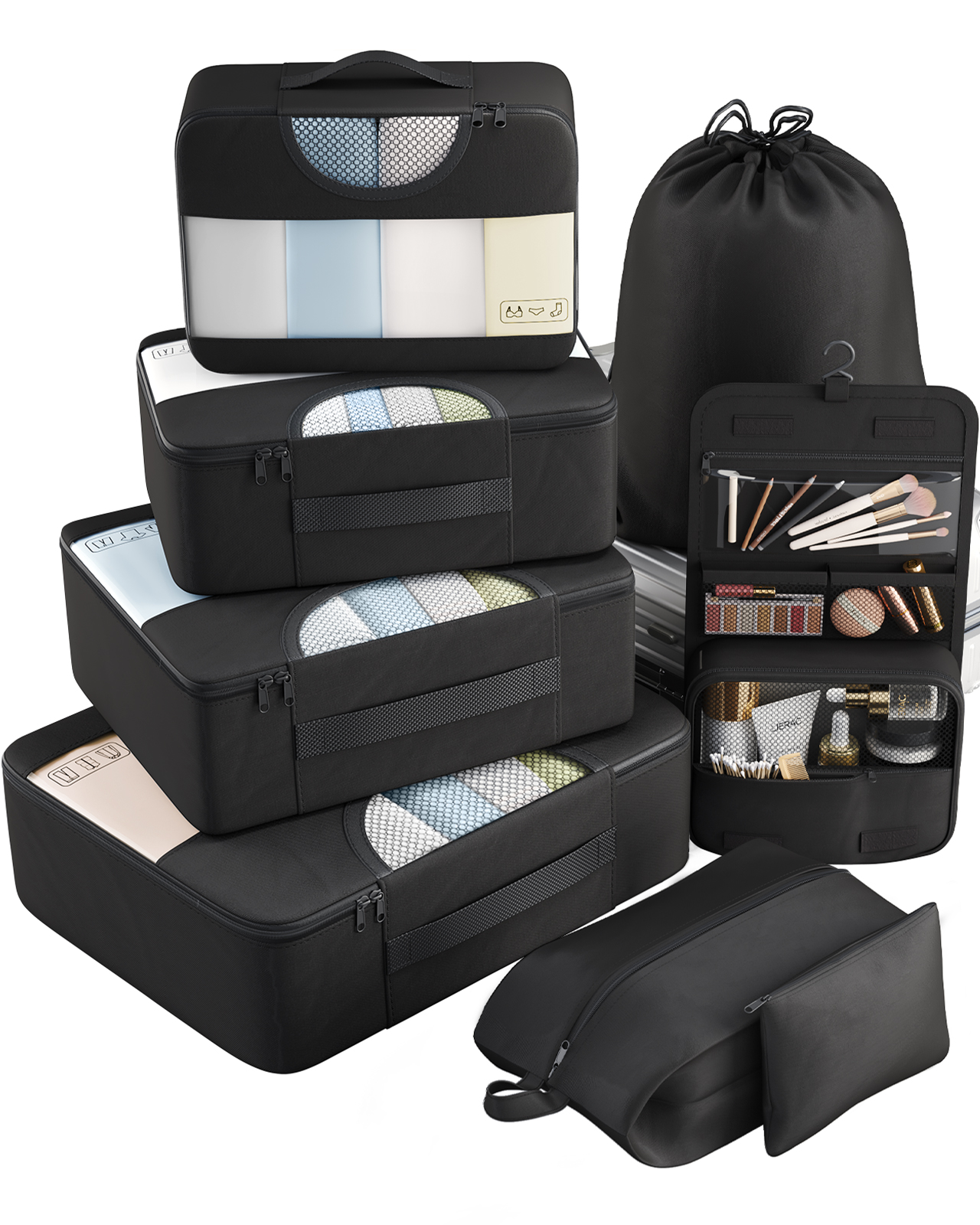Veken 8 Set Packing Cubes for Travel Essentials, Suitcase Organizer Bags Set for Luggage, Road Trip Travel Accessories in 4 Sizes (Extra Large, Large, Medium, Small), Black