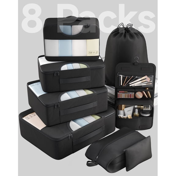 Veken 8 Set Packing Cubes for Travel Essentials, Suitcase Organizer Bags in 4 Sizes, Carry-On Luggage Accessories with Large Laundry & Toiletry Bag for Airplane, Road Trip & Camping