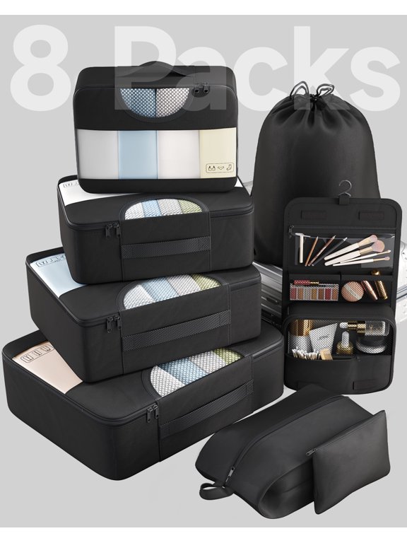 8 Set Packing Cubes for Travel Essentials, Suitcase Organizer Bags in 4 Sizes, Carry-On Luggage Accessories with Large Laundry & Toiletry Bag for Airplane, Road Trip & Camping
