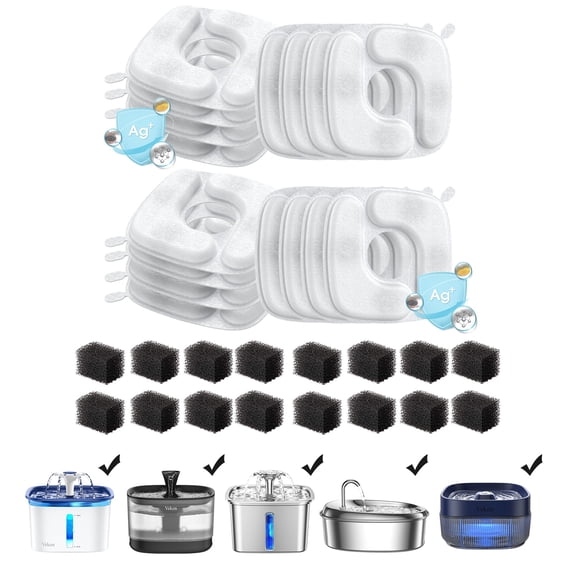Veken Cat Water Fountain Filters, 16 Pack Replacement Filters & 16 Pack Replacement Pre-Filter Sponges Set for 50oz, 84oz, 95oz Automatic Pet Fountain Dog Water Dispenser