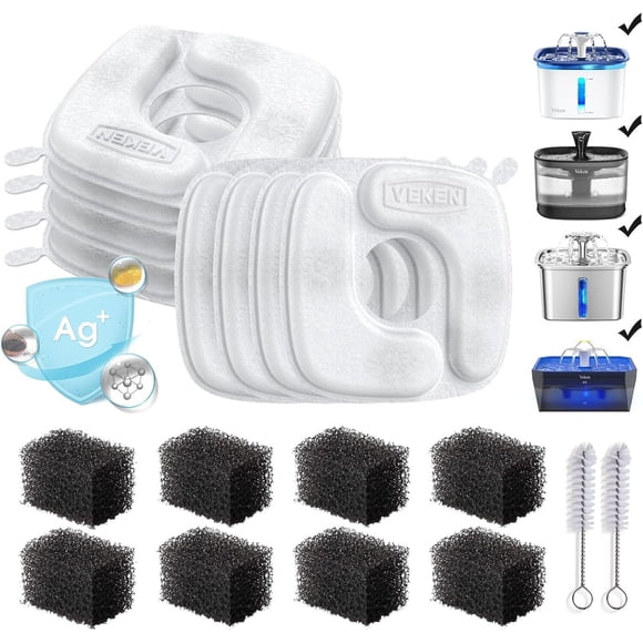 Veken Cat Water Fountain Filters, 8 Pack Replacement Filters & 8 Pack Replacement Pre-Filter Sponges Set for 85oz, 95oz, 108oz Automatic Pet Fountain Dog Water Dispenser