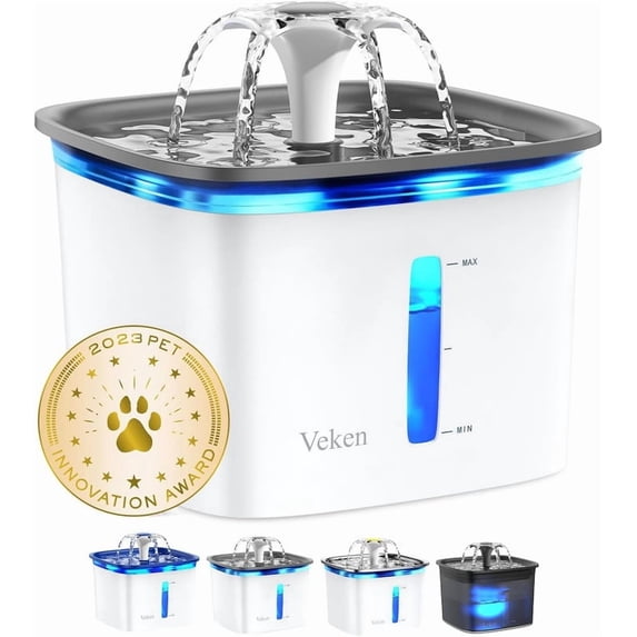 Veken Award Winner 95oz/2.8L Cat Water Fountain, Quiet Dispenser with Replacement Filters for Indoor Dogs, Pets in an Apartment, Easy Water Supply, Grey