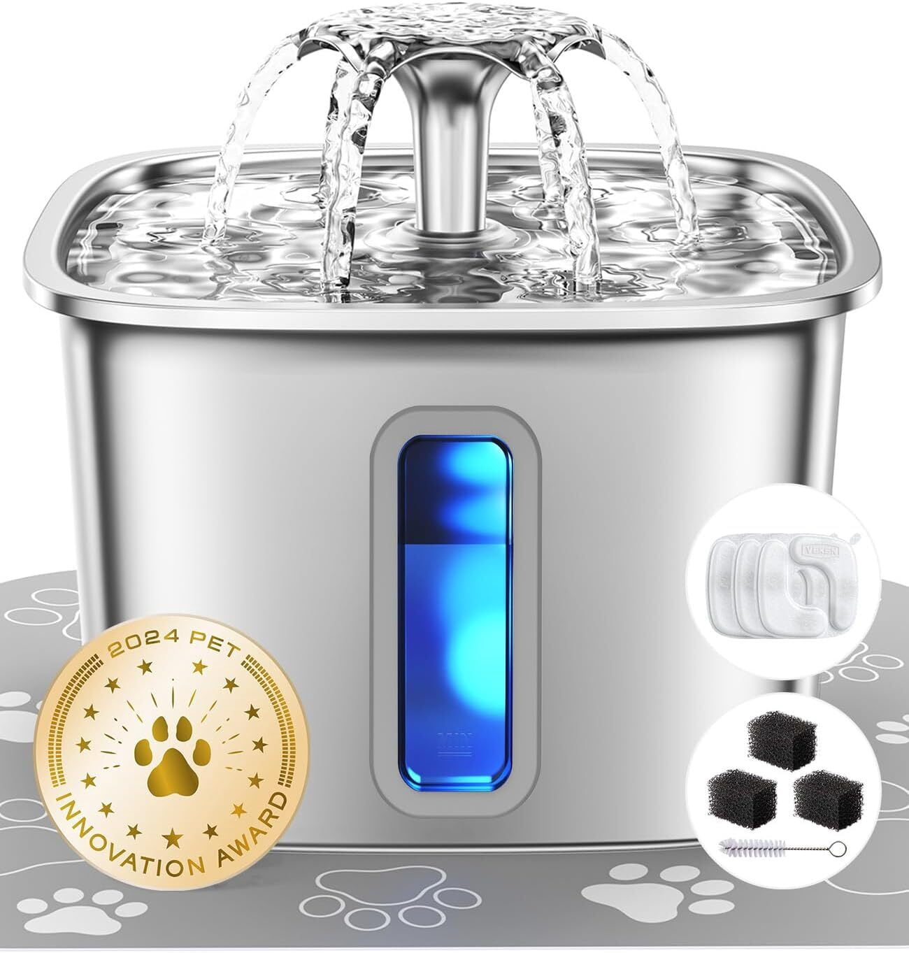Veken Stainless Steel 108oz/3.2L Cat Water Fountain, Quiet Automatic Dispenser with Replacement Filters for Dogs, Pets in an Apartment, Fresh Water, Silver