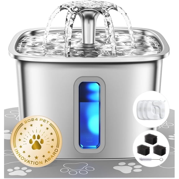 Veken Innovation Award Winner Stainless Steel Cat Water Fountain, 108oz/3.2L Automatic Pet Fountain Dog Water Dispenser with Replacement Filters & Silicone Mat for Cats, Dogs, Multiple Pets (Silver)