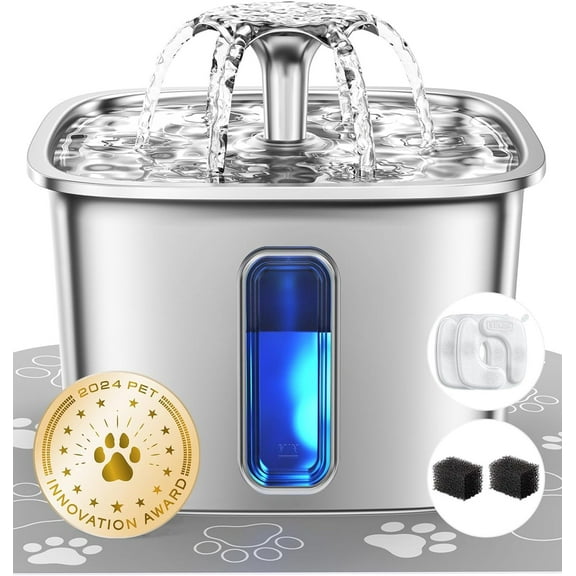 Veken Innovation Award Winner Stainless Steel Cat Water Fountain, 95oz/2.8L Automatic Pet Fountain Dog Water Dispenser with Replacement Filters & Silicone Mat for Cats, Dogs, Multiple Pets (Silver)