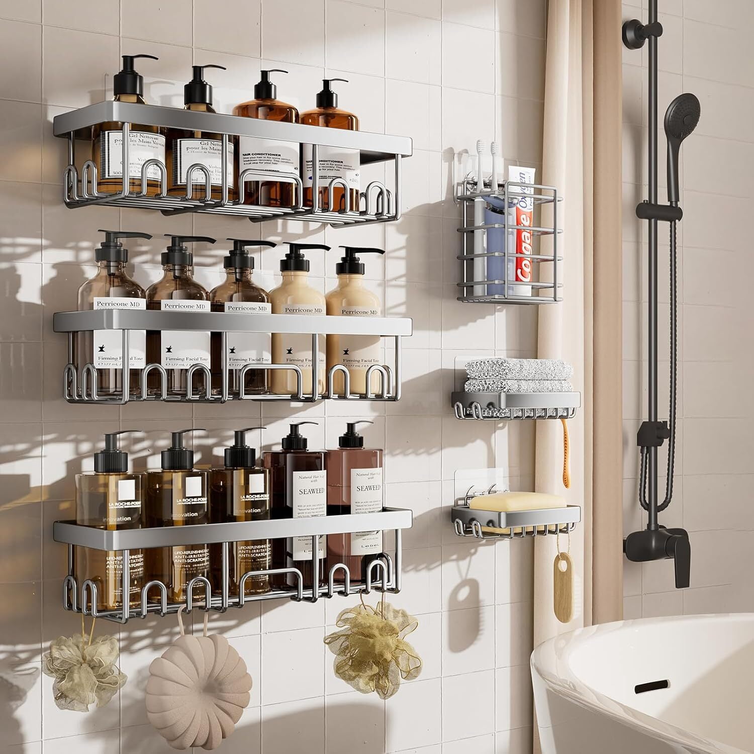Veken Rustproof Shower Caddy 6-Pack, Ideal for Gift, Large Wall Mounted Rack, Bathroom Shelves Over Toilet, Organizer Storage Accessories with Soap Dish & Toothbrush Holder, Silver
