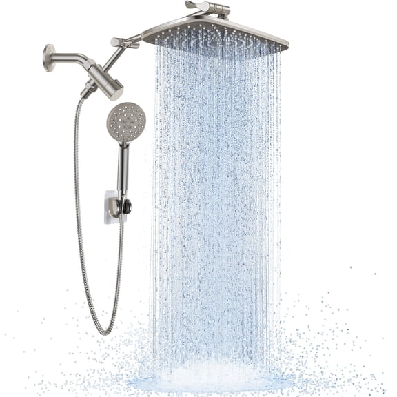 Veken Wide Brushed Nickel Rain Shower Head with Handheld, High Pressure Rainfall Showerhead Combo with Arm for Bathroom Accessories, Home Decor, Detachable Dual Shower with Multi Modes Handheld Spray