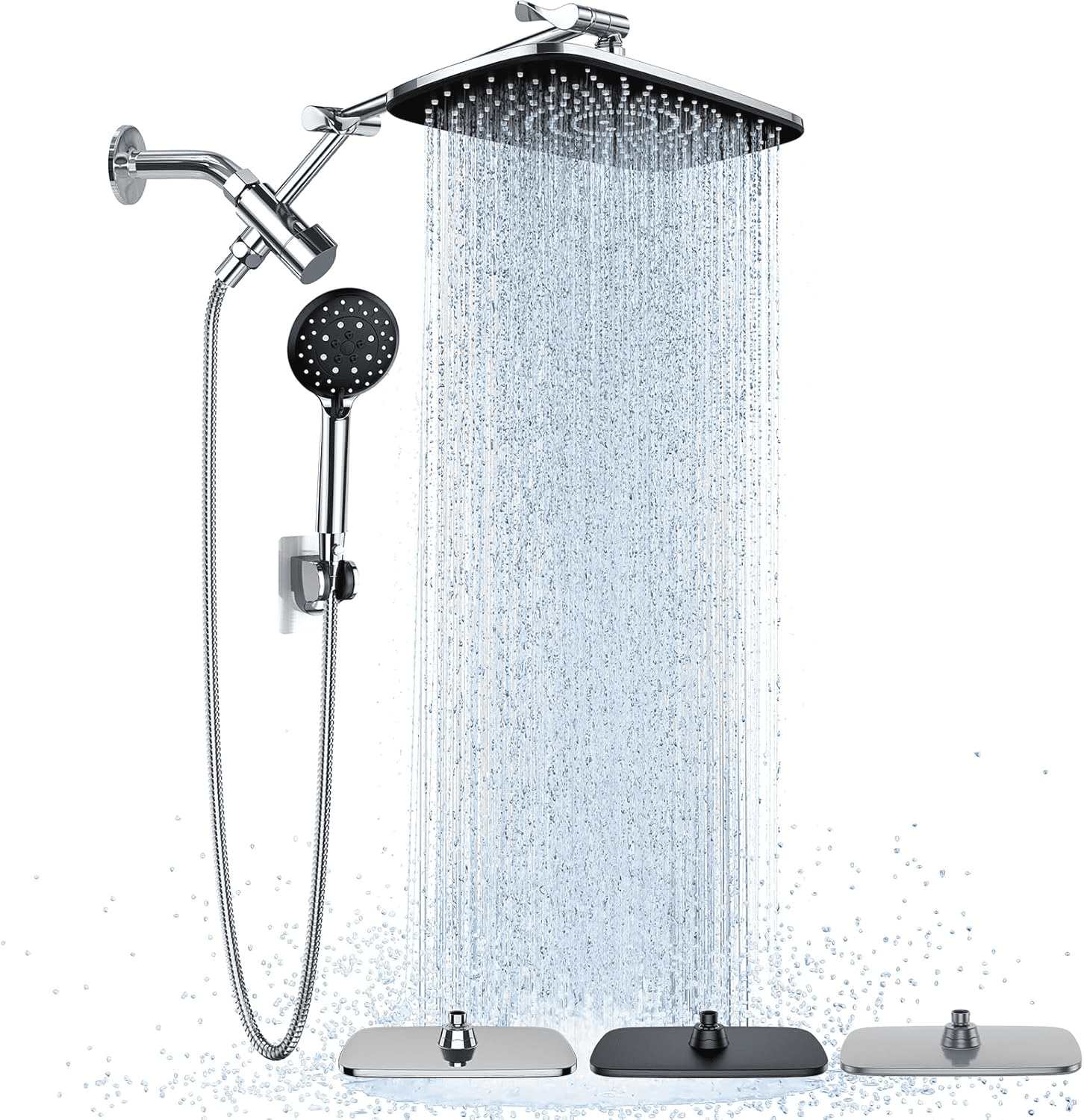 Veken Wide Rain Shower Head with Handheld, High Pressure Rainfall Showerhead Combo with Arm for Bathroom Accessories, Home Decor, Detachable Dual Shower with Multi Modes Handheld Spray, Silver Chrome