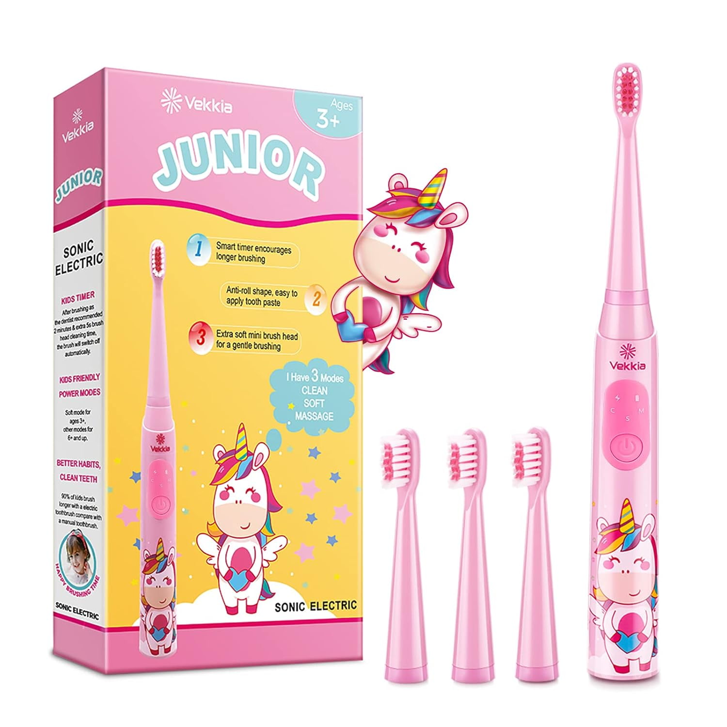Vekkia Sonic Rechargeable Kids Electric Toothbrush 3 Modes with