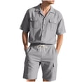 thumbnail image 1 of Vekome 2 Piece Sets for Men Summer Big and Tall Linen Solid Color Travel Outfits with Pockets Trave Matching Set Short Sleeve Button down Shirts Shorts Casual Beach Vacation Clothes, 1 of 8