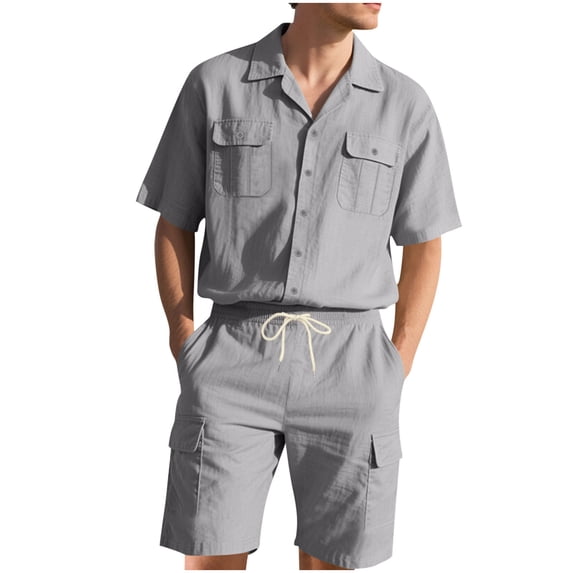 Vekome 2 Piece Sets for Men Summer Big and Tall Linen Solid Color Travel Outfits with Pockets Trave Matching Set Short Sleeve Button down Shirts Shorts Casual Beach Vacation Clothes