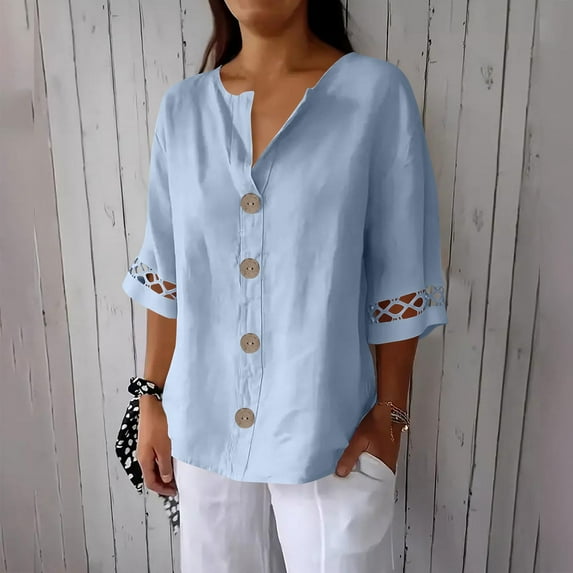 Vekome 3/4 Length Sleeve Womens Tops Plus Size Shirts Collared Casual Tee Shirts Linen Button Solid Color Summer Pullover Tops