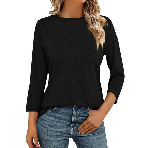 Vekome 3/4 Sleeve T Shirts for Women Plus Size Pullover Tops Crewneck Casual Tee Shirts Solid Color Summer Blouses Black