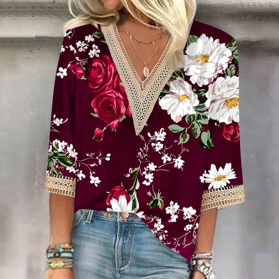 Vekome 3/4 Sleeve T Shirts for Women Plus Size Pullover Tops Loose V Neck Casual Tee Shirts Print Summer Blouses Wine