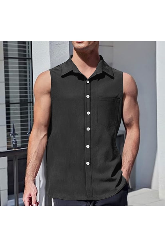 Big and Tall Tank Tops for Men Sleeveless Shirts Collared Casual Tee Shirts Solid Color Summer Pullover Tops with Pockets