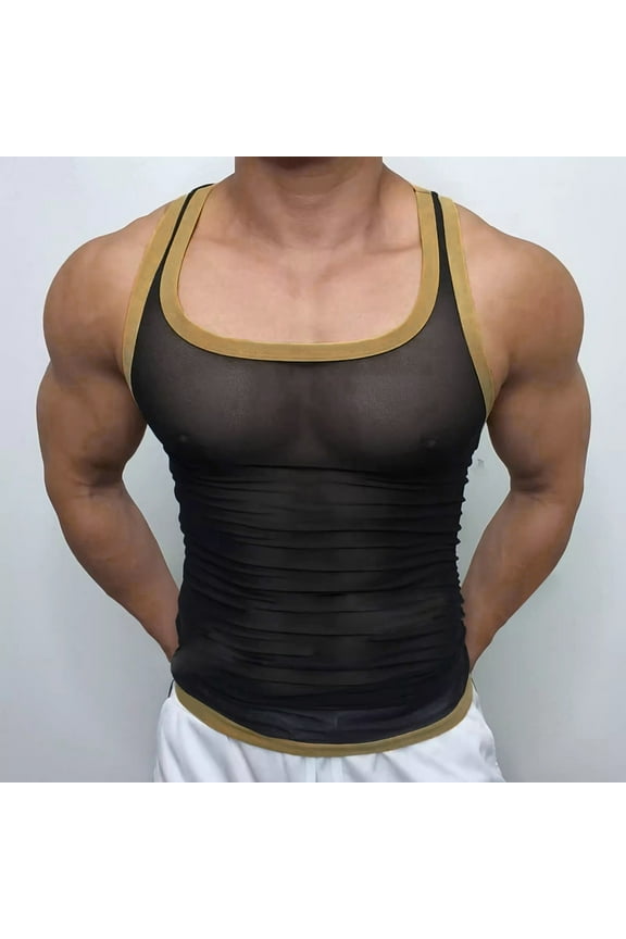 Big and Tall Tank Tops for Men Sleeveless Shirts Square Neck Workout Tee Shirts Mesh Solid Color Summer Pullover Tops