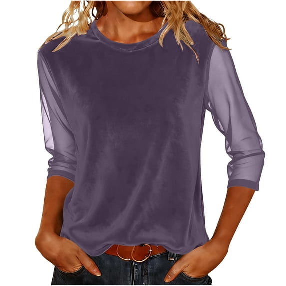 Vekome Blouses for Women Plus Size 3/4 Sleeve T Shirts Crewneck Elegant Pullover Velvet Solid Color Summer Tops Purple
