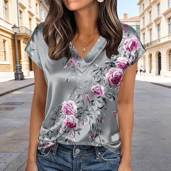 Vekome Blouses for Women Plus Size Plus Size Short Sleeve T Shirts V Neck Casual Pullover Satin Print Summer Tops Gray