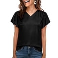 thumbnail image 1 of Vekome Blouses for Women Plus Size Short Sleeve T Shirts V Neck Casual Pullover Satin Solid Color Summer Tops Black L, 1 of 7