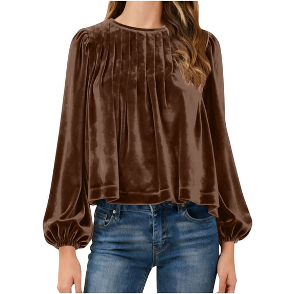 Vekome Casual Shirts for Women Long Sleeve Plus Size Pullover Tops Loose Crewneck Tee Shirts Velvet Solid Color Blouses