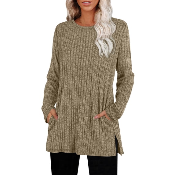 Vekome Casual Tops for Women Long Sleeve Plus Size Shirts Crewneck Tee Shirts Ribbed Knit Solid Color Tunic Pullover Tops with Pockets