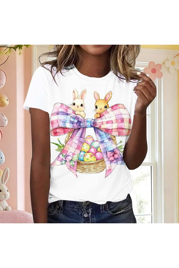 Easter Short Sleeve Shirt Women Plus Size Pullover Tops Crewneck Holiday Tee Shirts Bunny Holiday Blouses White