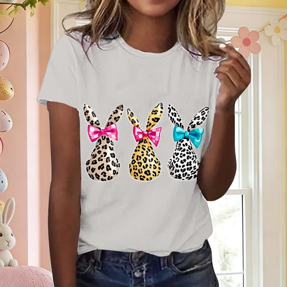 Vekome Easter Womens Pullover Tops Short Sleeve Plus Size Shirts Crewneck Holiday Tee Shirts Bunny Holiday Clothes Gray