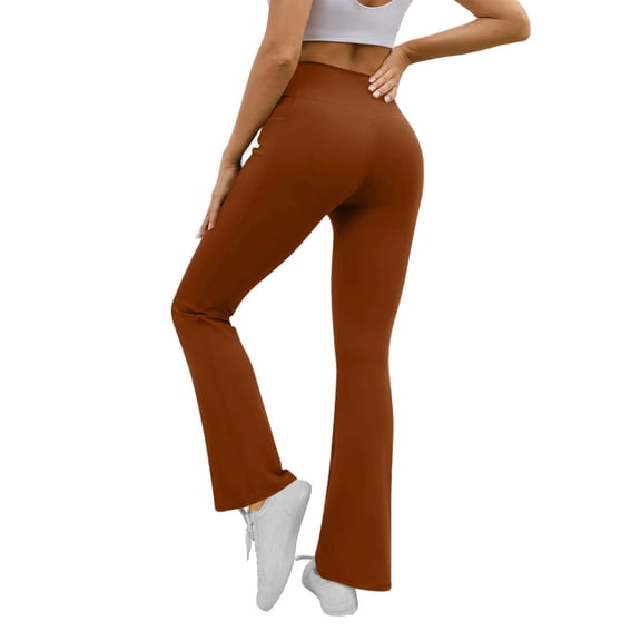 Vekome Girls Flare Leggings with Pockets High Waisted Yoga Pants Seamless Solid Lightweight Running Tights Brown L