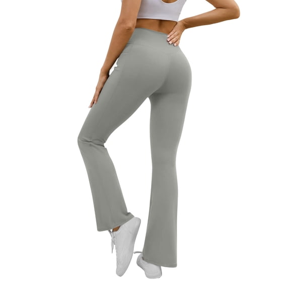 Vekome Girls Leggings Flare with Pockets High Waisted Yoga Pants Seamless Solid Lightweight Running Tights Gray S