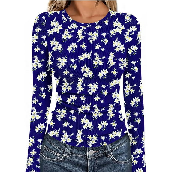 Vekome Long Sleeve Tops for Women Casual Plus Size Basic Shirts Slim Round Neck Tee Shirts Ribbed Knit Print Pullover Tops
