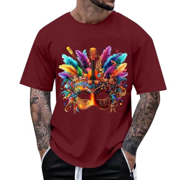 Vekome Mardi Gras Tops for Men Short Sleeve Big and Tall Purple Green Gold Shirts Crewneck Holiday Tee Shirts Masks Holiday Pullover Tops