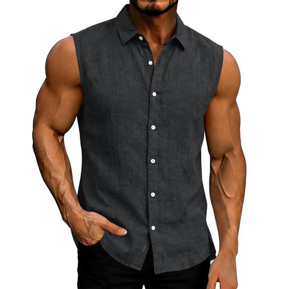 Vekome Men Button down Shirt Big and Tall Sleeveless Tops Collared Casual Blouses Linen Solid Color Summer Tee Shirts