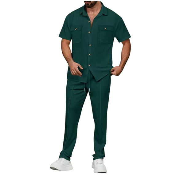 Vekome Men Two Piece Outfits Sets Big and Tall Waffle Solid Color Summer Outfits with Pockets Lounge Sets Short Sleeve Button down Shirts Long Long Pants Travel Beach Vacation Clothes