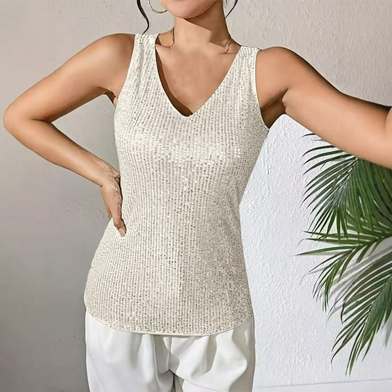 Vekome Plus Size Tank Tops for Women Plus Size Sleeveless Shirts V Neck Casual Tee Shirts Solid Color Sequin Summer Pullover Tops