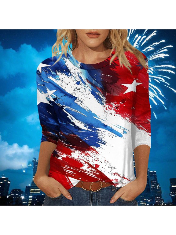 Red White Blue 3/4 Sleeve T Shirts for Women Plus Size USA Themed Pullover Tops Crewneck Holiday Fourth of July Tee Shirts Patriotic Outfits