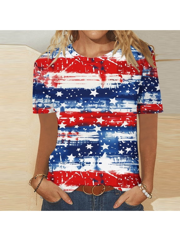 Red White Blue Short Sleeve Shirt Women Plus Size USA Themed Pullover Tops Crewneck Holiday Fourth of July Tee Shirts Patriotic Outfits