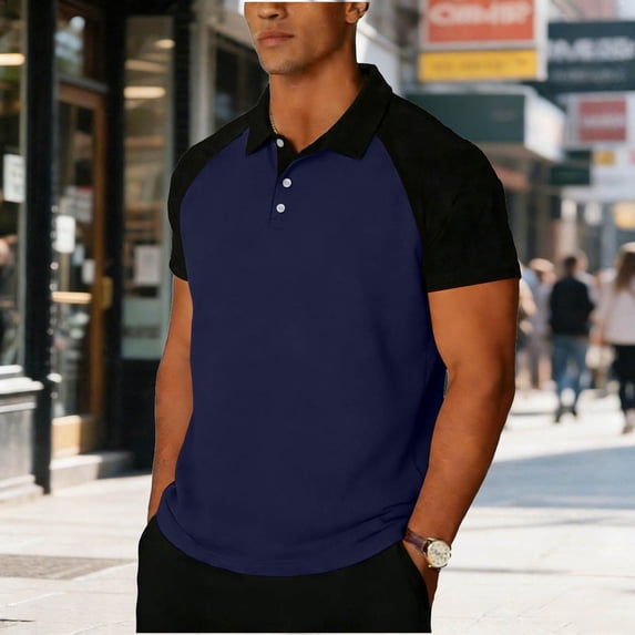 Vekome Short Sleeve T Shirts for Men Big and Tall Pullover Tops Collared Casual Tee Shirts Button Color Block Summer Blouses