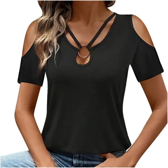 Vekome Short Sleeve Tops for Women Summer Plus Size Shirts V Neck Casual Tee Shirts Solid Color Pullover Tops Black M