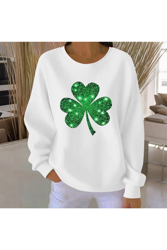 St Patricks Day Long Sleeve Shirts for Women Plus Size Green Pullover Tops Crewneck Holiday Irish Themed Tee Shirts Ribbed Knit Holiday Blouses