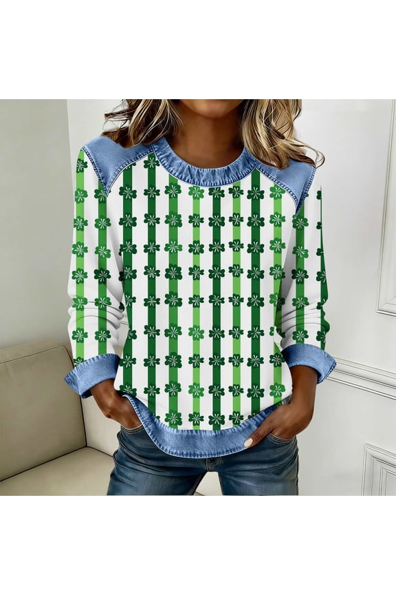 St Patricks Day Long Sleeve T Shirt Women Plus Size Green Pullover Tops Crewneck Holiday Irish Themed Tee Shirts Color Block Holiday Blouses with Pockets