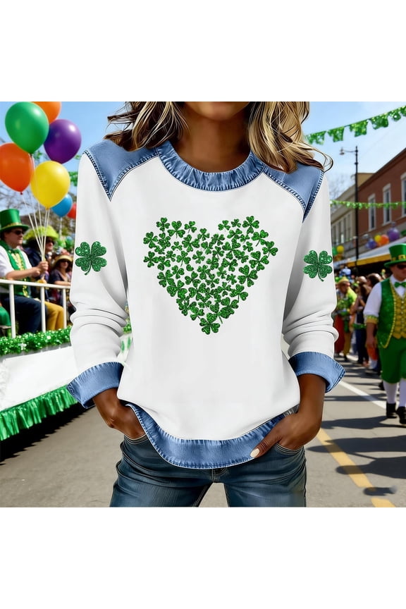 St Patricks Day Long Sleeve T Shirt Women Plus Size Green Pullover Tops Crewneck Holiday Irish Themed Tee Shirts Heart Holiday Blouses