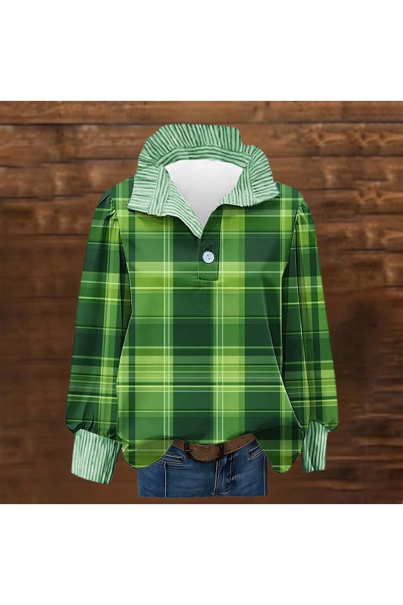 St Patricks Day Long Sleeve Tops for Women Plus Size Green Shirts Collared Holiday Irish Themed Tee Shirts Button Plaid Holiday Pullover Tops