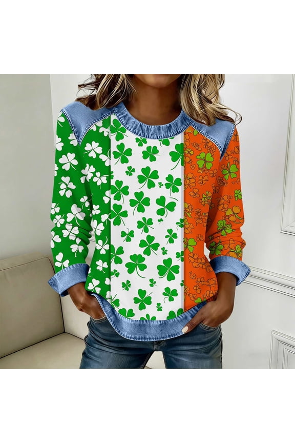 St Patricks Day Loose Long Sleeve Shirts for Women Plus Size Green Pullover Tops Crewneck Holiday Irish Themed Tee Shirts Color Block Holiday Blouses with Pockets