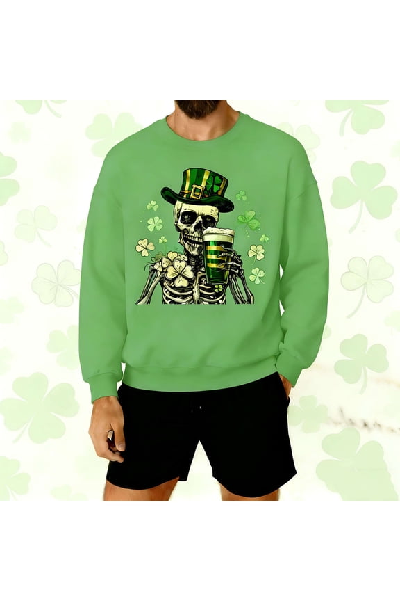 St Patricks Day Mens Shirts Long Sleeve Big and Tall Green Pullover Tops Crewneck Holiday Irish Themed Tee Shirts Holiday Blouses